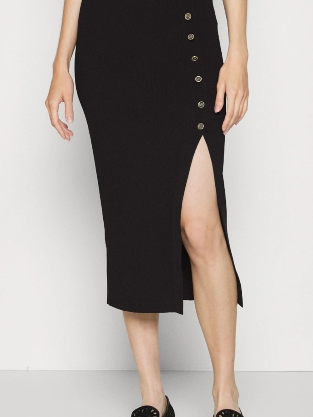 Michael Kors Black Midi Pencil Skirt with Side Button Detail